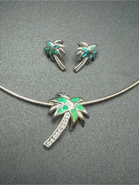 925 Sterling Silver Palm Tree Necklace and Earrings blue green inlay opal #S30
